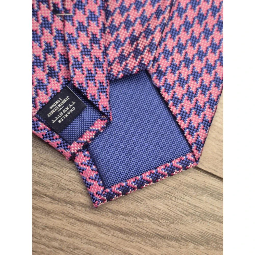 Charles Tyrwhitt Mens Metallic Pink Purple Blue Silk Houndstooth Neck Tie London